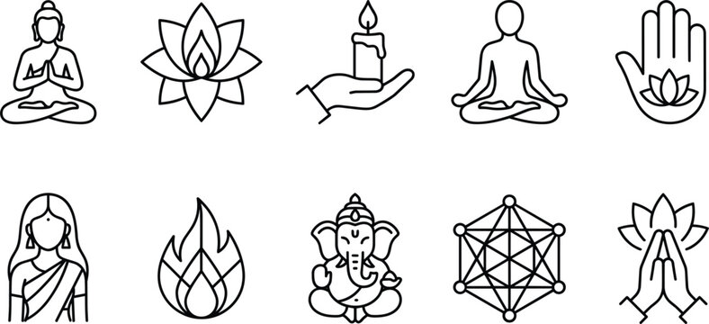 Collection of spiritual yoga and hinduism line icons featuring buddha meditating lotus flower ganesha statue and namaste hands symbols