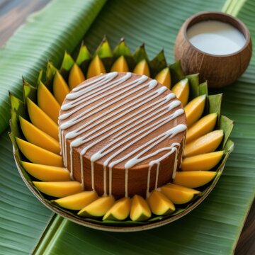 Chocolate cake with mango slices arranged around a coconut milk bowl on banana leaves with natural lighting