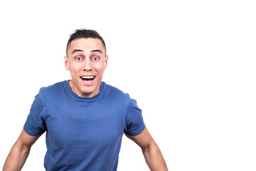Obraz premium Happy man standing with open eyes while smiling