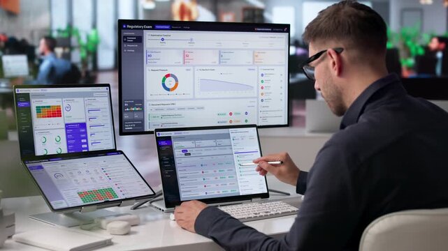 Auditor Reviews Compliance Dashboard On Touchscreen Laptop
