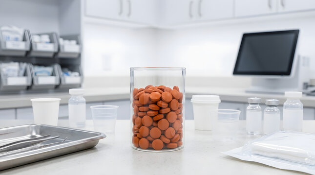 Glass Jar Filled with Orange Pills on Hospital Medical Counter