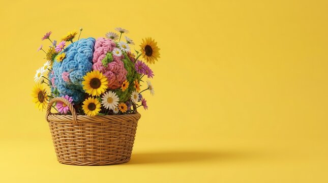 A basket containing a colorful human brain composed of diverse wildflowers to represent unique thought processes and mental health.