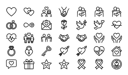Fototapeta premium Heartfelt connections and love outline icon set vector isolated on white background