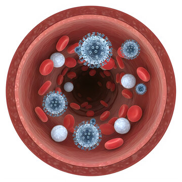 Virus particles attacking a red blood cell under microscope