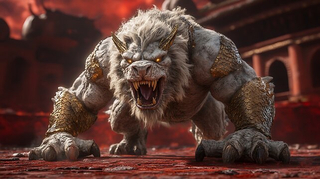 Fierce fantasy creature poised for action in dimly lit environment