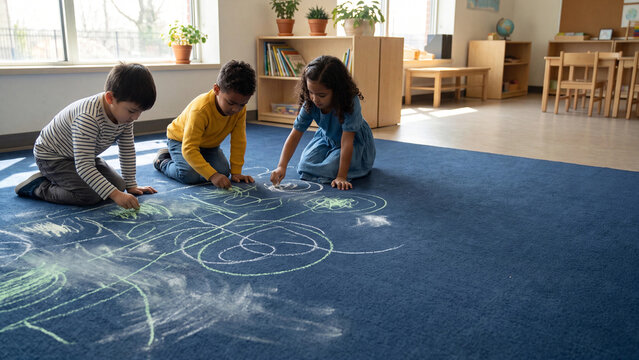 Children draw with colorful chalk on the carpet of a modern bright preschool classroom while sitting together on the floor during their daily learning activity.