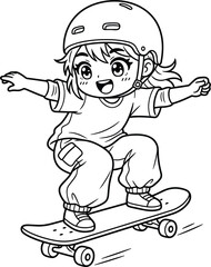 Cute cartoon anime girl riding skateboard wearing helmet coloring page vector illustration featuring happy child skater character © MstHusna
