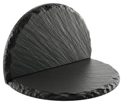 Minimalist black stone podium with natural rock texture on a transparent background