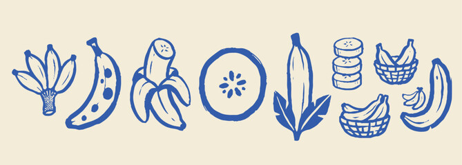 Hand drawn banana fruit vector set, blue ink sketch of tropical bananas and slices, organic food icons for healthy recipe branding © Apna Jalwa