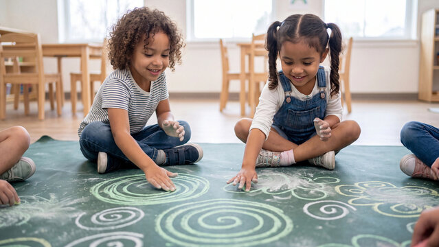 Girls sitting on a classroom floor create chalk drawings on a dark mat while engaging in a fun and creative artistic activity that encourages social interaction and collaborative learning.