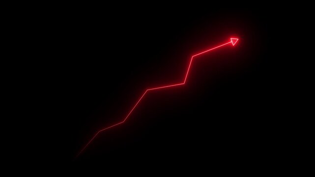 Red neon financial growth chart arrow rising on black background, for business success, concept graph