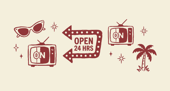 Retro mid-century aesthetic vector set, vintage 1950s motel sign with open 24 hrs text, nostalgic television and palm tree icons in maroon red