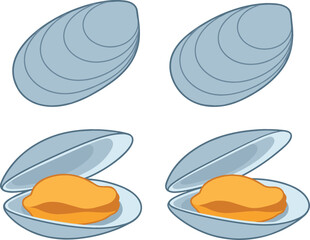 Fresh Raw Mussel and Oyster Shell Vector Illustration Set for Seafood Restaurant Menus, Culinary Branding, and Marine Ocean Food Product Packaging Designs © Rajiya