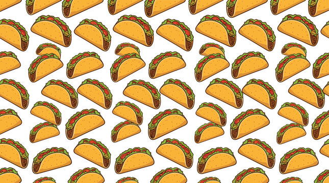 Seamless Mexican Taco Pattern with Crispy Tortilla Shells Meat and Tomato for Traditional Fast Food Restaurant Wallpaper and Fiesta Menu Background Designs