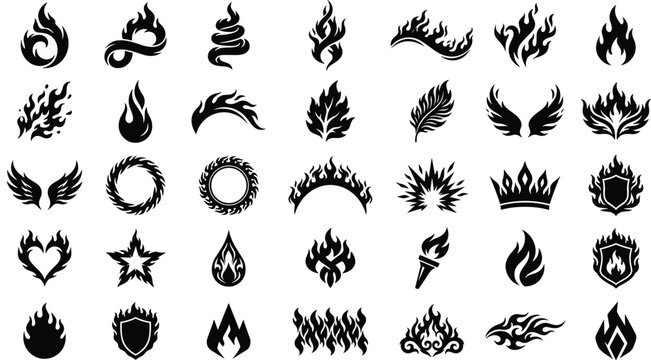 Graphic collection of various fire elements including tribal flames wings heart and star shapes icons