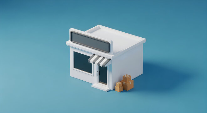 3d isometric illustration of a small shop building with a striped awning and cardboard delivery boxes stacked outside, isolated on a solid blue background