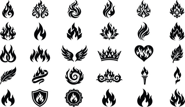 Set of black fire silhouettes and flame icons for creative design projects isolated on white background