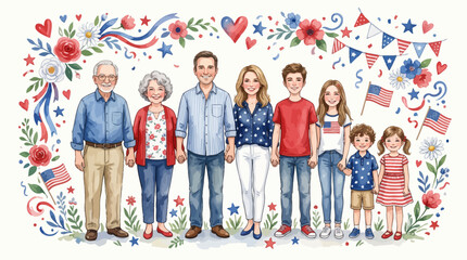 Obraz premium Illustration of multi generational family group for patriotic holiday celebration with surrounded floral borders