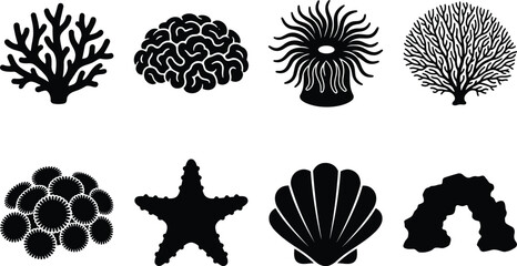 Coral Reef Marine Life Sea Anemone Seashell and Starfish Black Vector Icon Set © Hello There