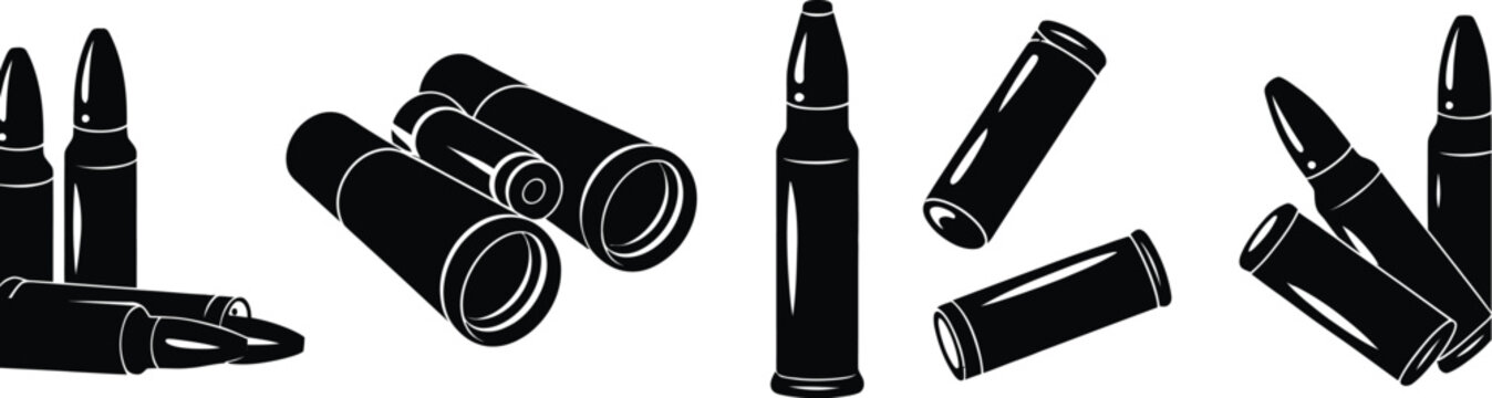Set of black and silver bullets isolated on a white background, featuring metallic ammunition cartridges with realistic detailing, clean studio lighting, and high-resolution reference imagery for lawf