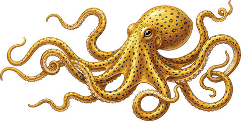 Detailed yellow blue ringed octopus vector illustration featuring realistic marine wildlife creature with long curled tentacles and spots © MstHusna