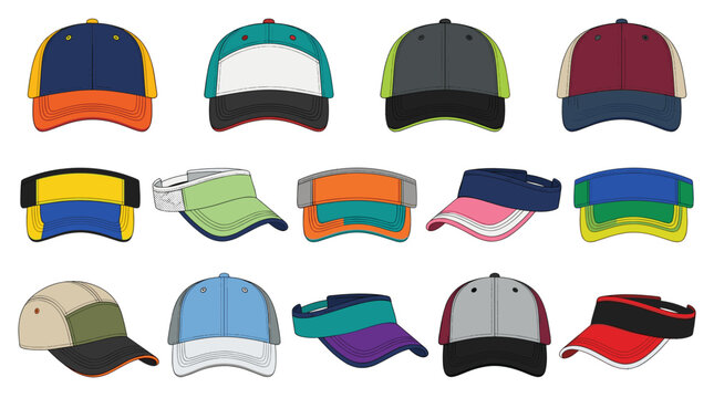 Sporty sun visors caps collection showing outdoor recreation summer fitness tennis golf running accessories headwear active lifestyle product design for poster web banner article presentation