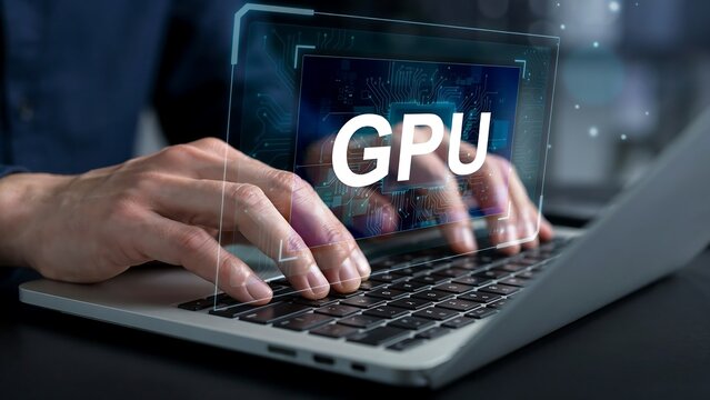 Hands typing on a laptop with GPU concept display