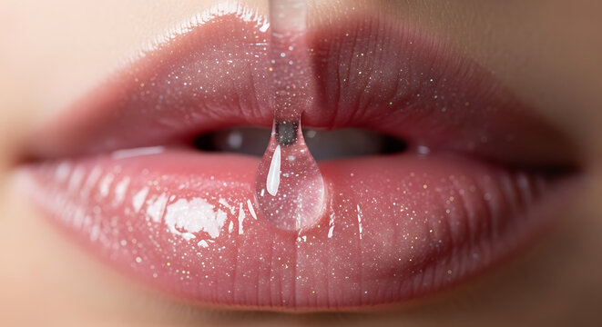 Close-up of glossy lips with lip gloss shine - A detailed close-up shot of moist, glossy lips with a shiny lip balm or gloss reflecting light naturally.