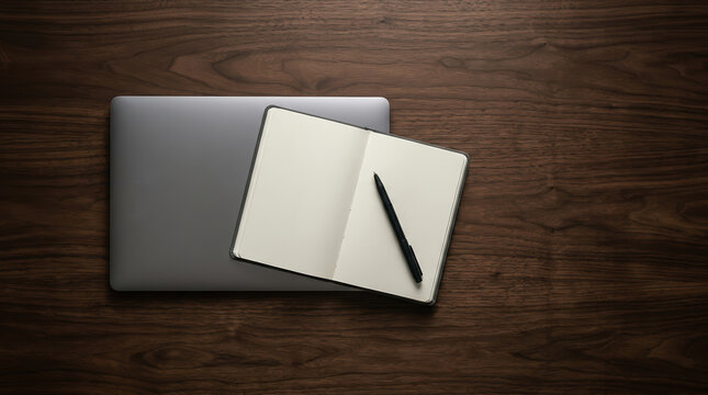 Top down view of a blank open notebook and pen resting on a closed laptop on a dark wooden desk representing business planning, creative writing, and workspace organization.