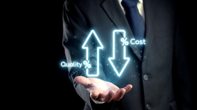 A businessman in a suit showcases a compelling visual of increasing quality percentage and decreasing cost through illuminated arrows and glowing text, creating an impactful presentation. Qubit