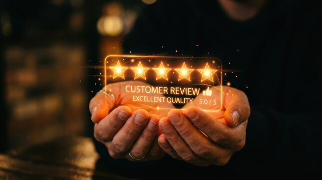 Man holding a glowing 5-star customer review hologram representing excellent service quality, high customer satisfaction, and positive business feedback.