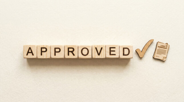Wooden blocks spelling approved next to a checkmark and loan agreement icon representing financial success, mortgage acceptance, and successful credit authorization.
