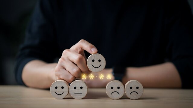 Hand choosing happy face block for excellent rating