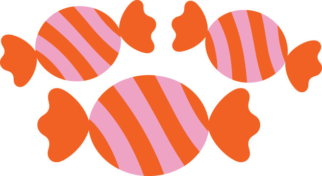 Halloween candy set with orange and pink striped wrapped sweets isolated on white background flat vector illustration