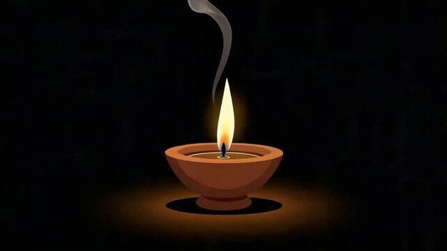 Original Two Dimensional Animated Rustic Clay Oil Lamp with Stable Golden Flame on Black Background Seamless Loop