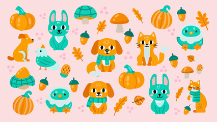 Obraz premium Cute autumn animal and pumpkin sticker set with mushrooms seasonal collection
