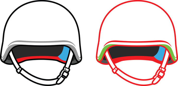 Two stylized safety helmets with chin straps protection