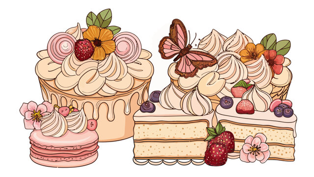 Decorative cake slices and macarons with floral and butterfly accents, butterfly