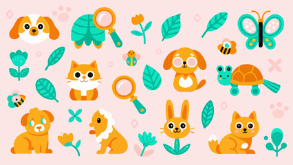 Naklejka premium Cute cartoon animal icons collection with pets and nature elements, butterfly