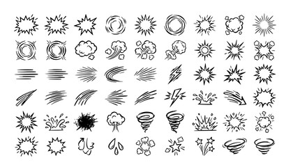 Hand Drawn Comic Action Effects Bundle with Boom Burst Smoke and Energy Line Vector Elements © Crative studio