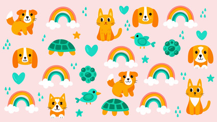 Obraz premium Whimsical animal pattern with rainbows and heart elements, illustration
