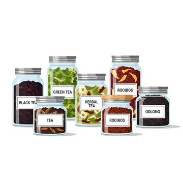 Assorted Tea Varieties Stored in Glass Jars for Sale