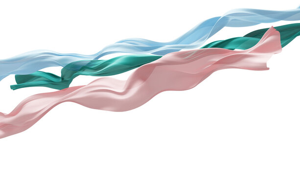 Tropical summer banner background design of soft blue, coral pink, and emerald teal green sheer fabric ribbon flowing with copy space 3D render