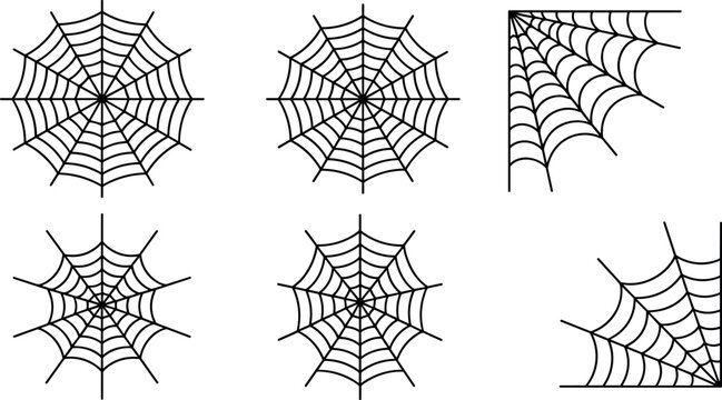 Halloween spider web collection with various round cobweb designs and corner frames isolated on white background flat vector illustration