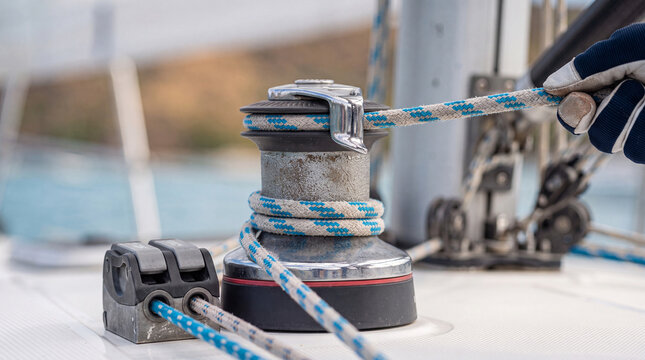 Sailboat winch with rope and gloved hand on deck