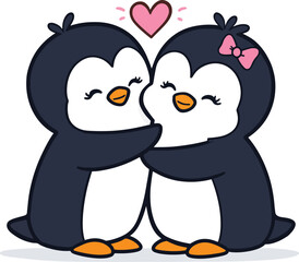 Fototapeta premium Cute Cartoon Penguins Hugging with Hearts Love Vector Illustration