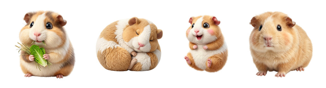 Four adorable cartoon style guinea pigs in different poses with four cute on transparent background