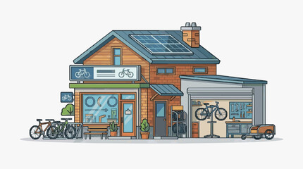 Obraz premium Cozy Bike Shop with Solar-Powered Home.