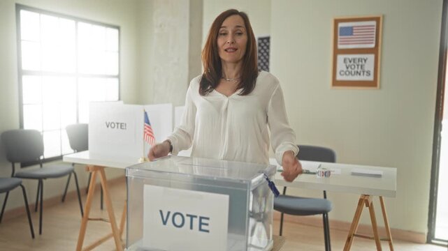 Woman places ballot into transparent ballot box at a polling table inside a public building with vote signs and american flag; pride civic duty.