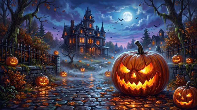 Spooky haunted mansion with glowing jackolanterns at night